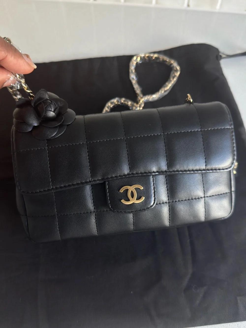 Authentic  CHANEL Mini Chocolate Bar Camellia Chain Lambskin Shoulder Bag